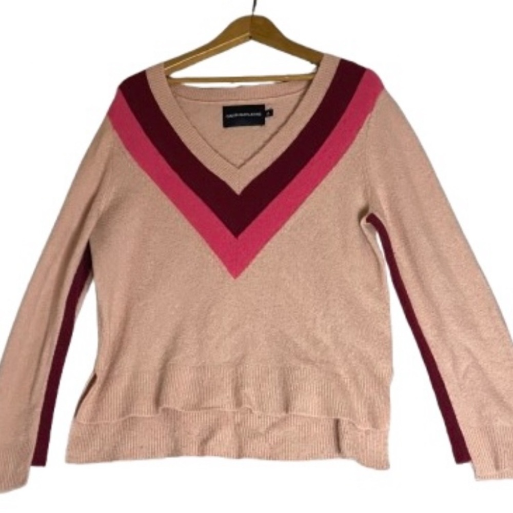 Calvin Klein Chevron Varsity‎ Stripe V Neck Pink Sweater Size M Relaxed Fit